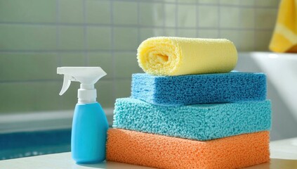 Bathroom Cleaning Supplies: Colorful Sponges and Spray Bottle