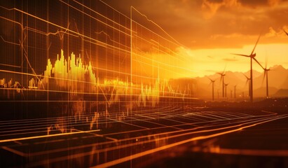Sunrise over wind farm with overlaid financial data.  Digital interface with graphs and charts, showcasing energy market trends