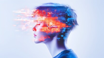 Profile of a person with eyes closed, overlaid with a digital, glitching, fiery effect suggesting internal thoughts or data streams