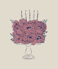 Cake on stand made with flowers and candles drawing in floral style with red and blue on beige background