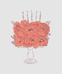 Cake on stand made with flowers and candles drawing in floral style with brown and pink on beige background