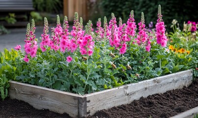 Fototapeta premium Vibrant pink blossoms in raised garden bed