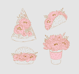 Food floral illustrations slice of pizza, taco, burger, take away coffee drawing in floral style with flowers and petals on beige background