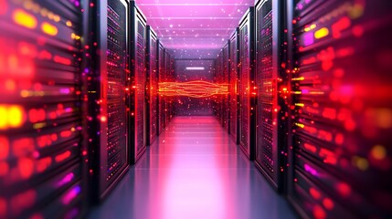 A long server room corridor glows with vibrant red and pink light, data streams seemingly flowing between racks