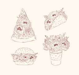Food floral illustrations slice of pizza, taco, burger, take away coffee in floral style with flowers and petals drawing with brown on beige background