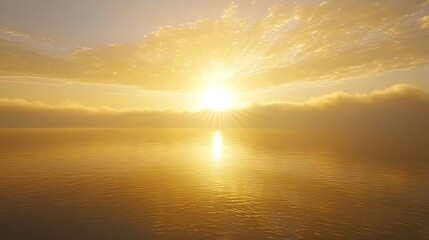 A golden sunset horizon with soft rays of sunlight piercing through the clouds, casting a warm glow over calm, reflective water in shades of gold and amber