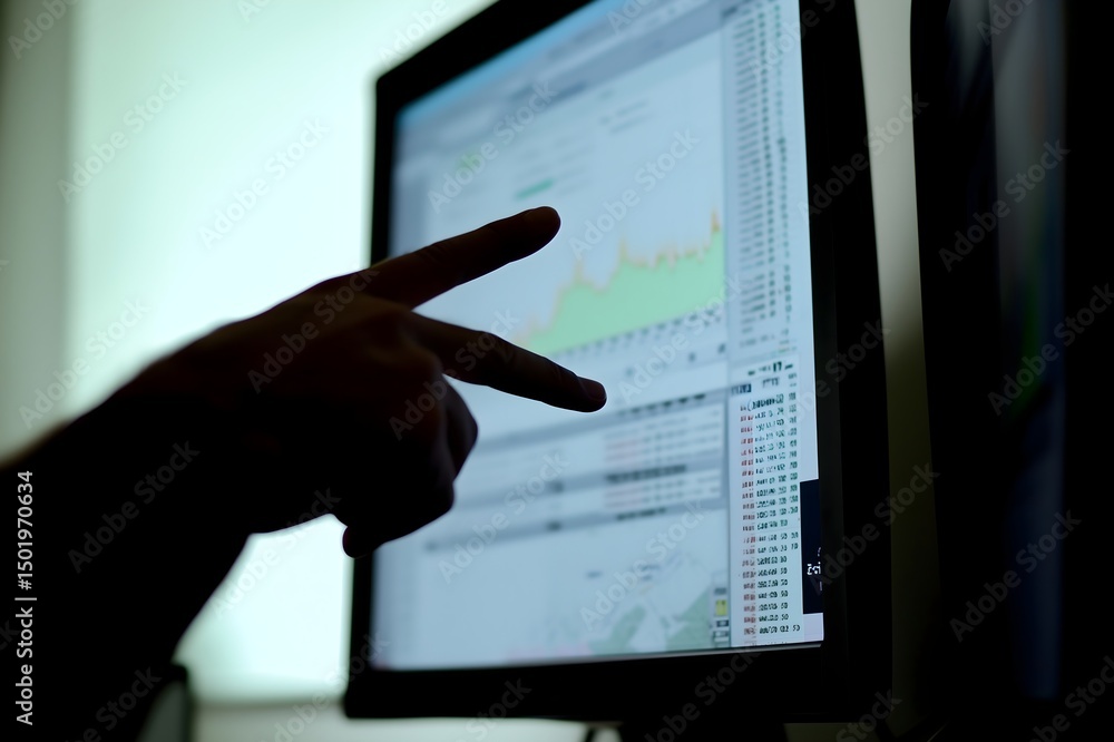 Poster close-up of a hand gesturing towards a digital data graph on a bright computer screen, symbolizing m