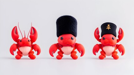 Three adorable red crayfish figurines in a row, one bare, one in a bearskin hat, and one in a military-style cap