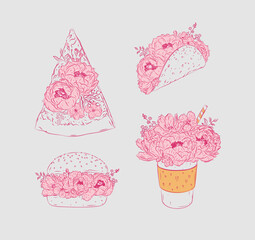 Food floral illustrations slice of pizza, taco, burger, take away coffee in floral style with flowers and petals drawing with pink on beige background