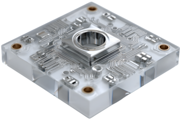 Transparent Circuit Board with Central Component and Detailed Electronics