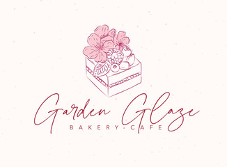 Bakery cafe label design with lettering golden glaze drawing in floral style on beige background