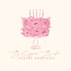 Pastry shop cafe label design with lettering floral cone drawing in floral style on beige background