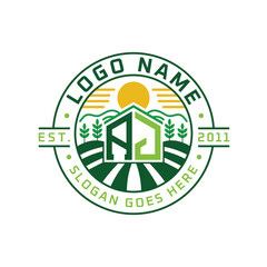 Modern Farmhouse AJ Logo Design. Letter AJ Agriculture Logo with Sun, Field, and Nature Elements