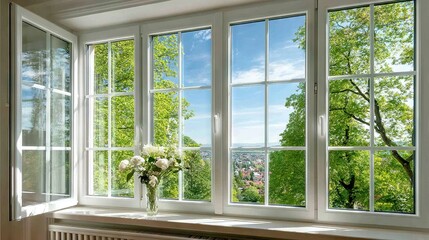   A window sill vase of city views flowers