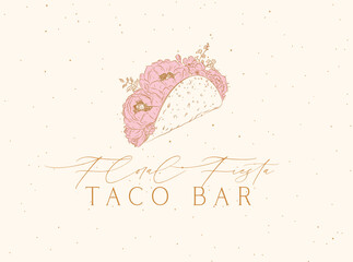 Taco bar label design with lettering floral fiesta drawing on beige background