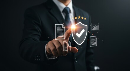 Security guarantee. Businessman activate shield symbol for data protection, digital certification, document validation, safety protocol and trust verification