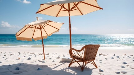 A white beach umbrella and a comfortable wicker chair are positioned on a sandy beach next to the turquoise sea under a clear blue sky. Travel concept