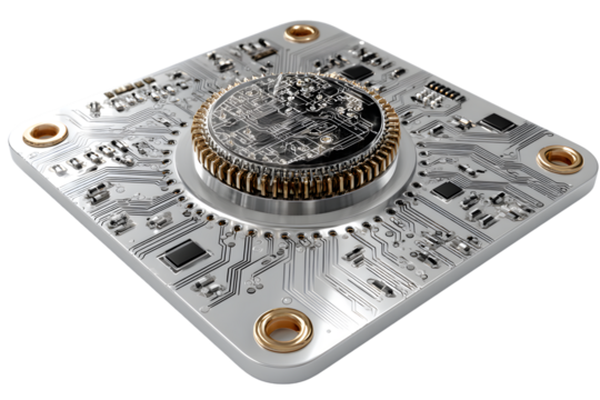 Hightech Circuit Board with Central Microchip Futuristic Technology Design 3D Render Engine
