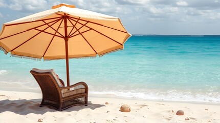 A white beach umbrella and a comfortable wicker chair are positioned on a sandy beach next to the turquoise sea under a clear blue sky. Travel concept