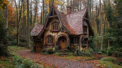 Charming autumnal cabin nestled within a forest.