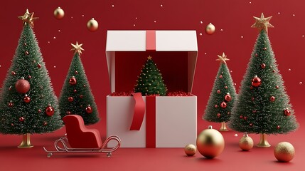Festive christmas gift with trees and ornaments.
