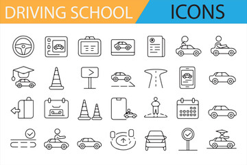 Collection of icons representing car, learner’s license, and driving school concepts.