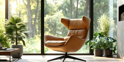 Relaxing Modern Living Room with Tan Leather Chair and Greenery