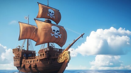 Wooden sailing ship with skull and crossbones flags on a sunny day.