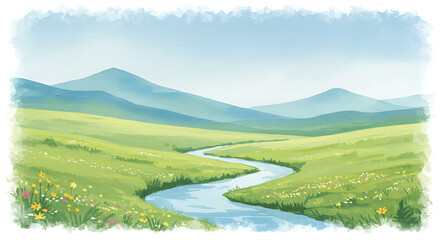 Mountain Landscape with River and Meadow