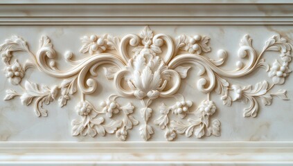 Elegant Baroque Carving, Intricate Floral Design, Cream Marble Relief