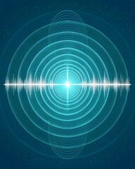 Cyan-white radial voice pulse visualizer with layered AI waveforms and glow halos