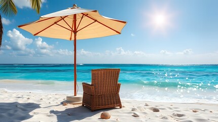 A white beach umbrella and a comfortable wicker chair are positioned on a sandy beach next to the turquoise sea under a clear blue sky. Travel concept