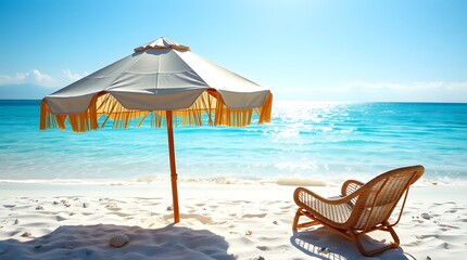 A white beach umbrella and a comfortable wicker chair are positioned on a sandy beach next to the turquoise sea under a clear blue sky. Travel concept