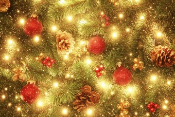 Close-up of a decorated Christmas tree with pine cones and colorful ornaments in warm lighting.