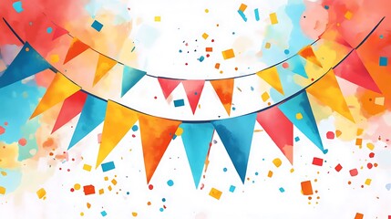 Colorful triangular pennants with confetti on a white background.