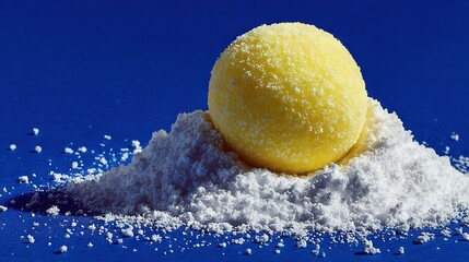   A yellow ball resting atop a mound of white powder on a blue table against a backdrop of the same hue