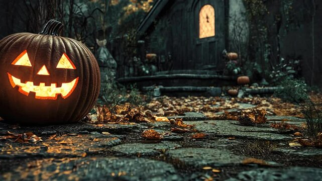Halloween scene with jack-o'-lantern on the ground in front of a haunted house.