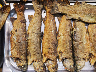 Overhead view of several fried trout, neatly arranged on a metal tray, showcasing a simple yet appetizing culinary presentation