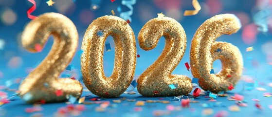 Close-up of gold metallic numbers with colorful confetti scattered on a white background.