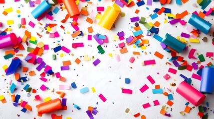 A vibrant collection of confetti sprinkles in various colors scattered across a pure white surface, evoking feelings of celebration