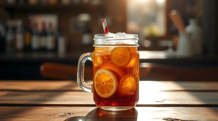 A refreshing cold glass of iced tea with lemon slices and a striped straw is sitting on a wooden table. Food concept