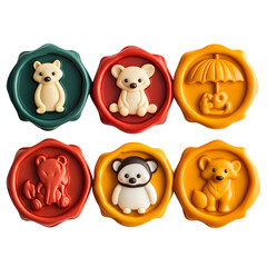 Obraz premium five different colorful wax seals arranged in a row each featuring a unique embossed animal character: a smiling fox, baby elephant, penguin sliding, hedgehog with umbrella, kangaroo with joey