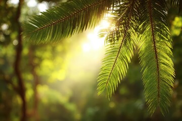 The sun shines through a palm tree that is covered in leafy green foliage