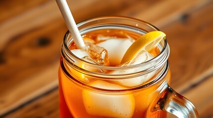 A refreshing cold glass of iced tea with lemon slices and a striped straw is sitting on a wooden table. Food concept