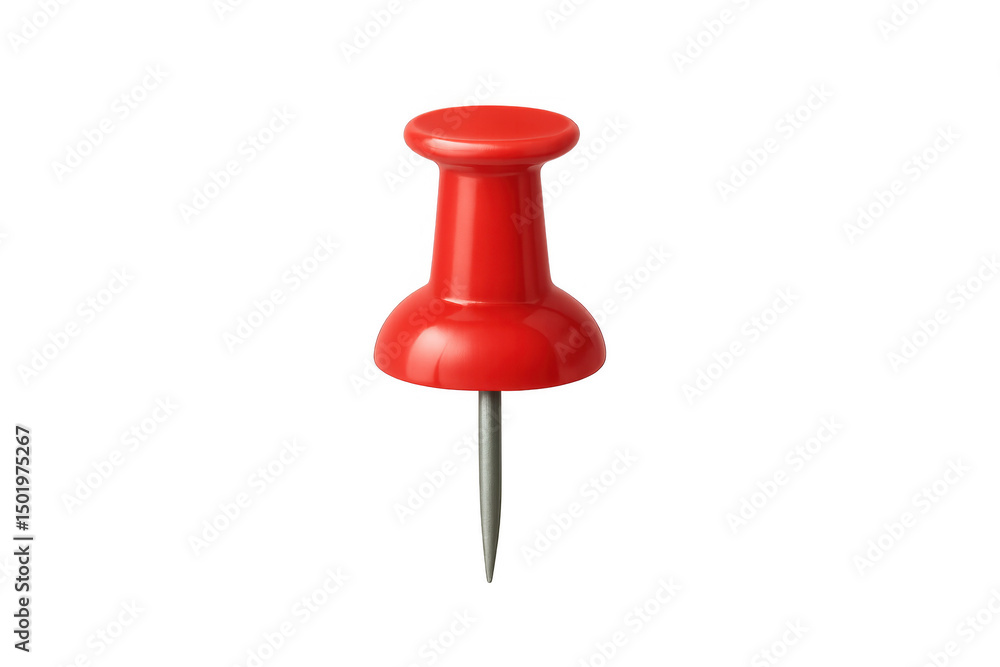 Poster classic red push pin isolated against a transparent background, providing a versatile element for va