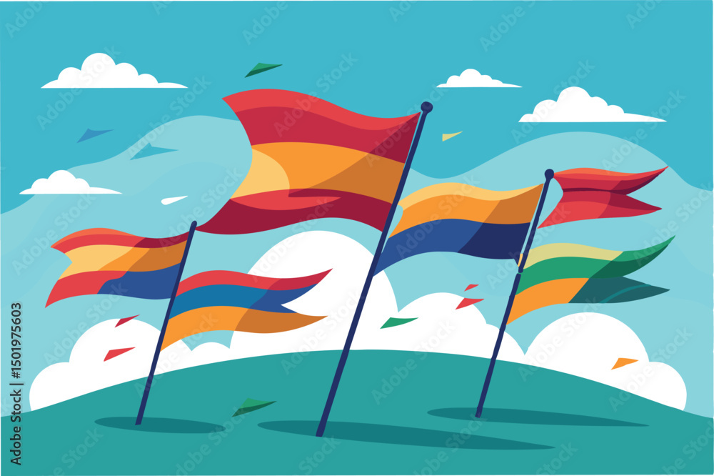 Poster colorful flags waving in the breeze against a clear blue sky with soft clouds, conveying a sense of 