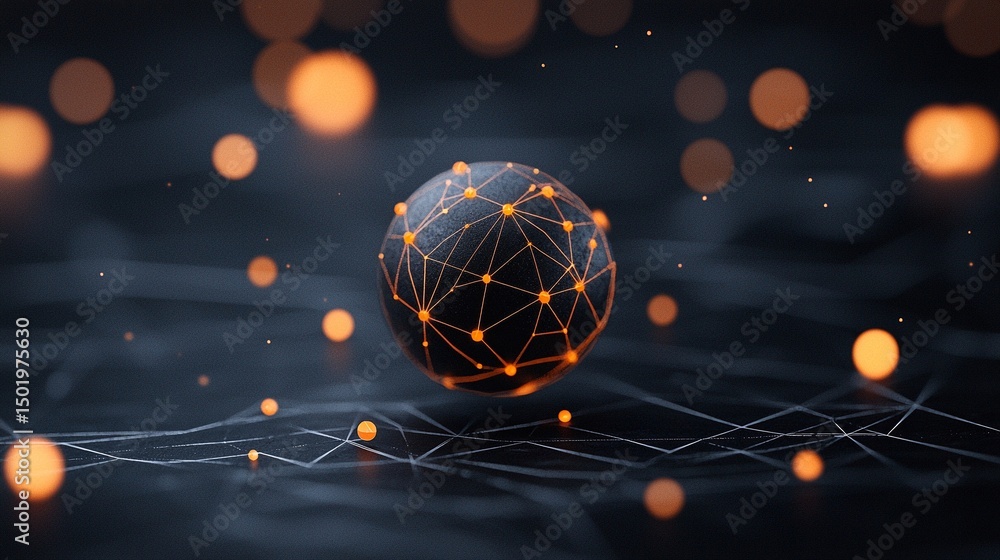 Poster pulsating wireframe sphere with coded lights in dark background