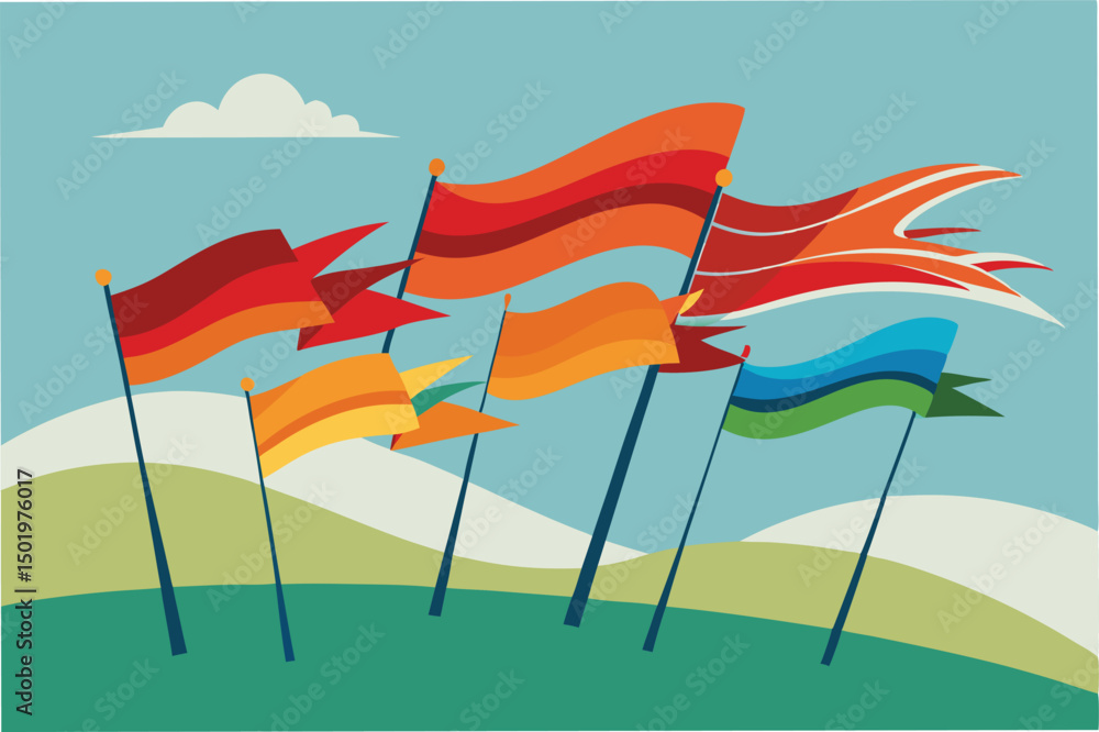Poster colorful flags waving in the breeze against a clear blue sky with soft clouds, conveying a sense of 