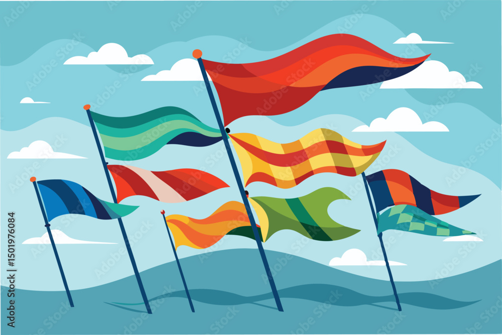 Poster colorful flags waving in the breeze against a clear blue sky with soft clouds, conveying a sense of 