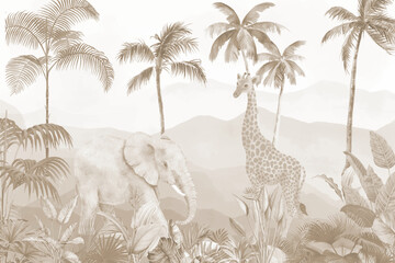 Neutral Tone Tropical Forest with Giraffes, Soft Safari Animal Landscape Illustration  © csinie1